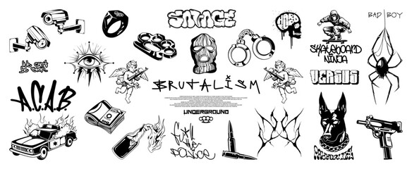 Urban street art featuring edgy graffiti elements, rebellion symbols, and anti-authority themes. Underground subculture, flash tattoo, graffiti, street art, criminal isolated elements. Vector graphic © SergeyBitos