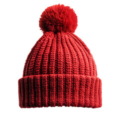 Red and knitted winter hat with a pom pom isolated on transparent background