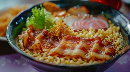 Traditional food noodles and silky fried bacon on a purple tablecloth