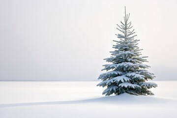 Fototapeta premium Snow-covered fir tree standing alone in a serene winter landscap