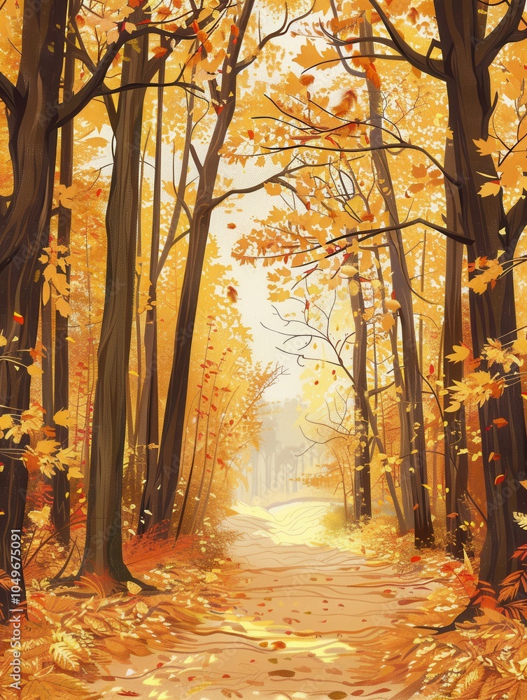 Aufkleber Vibrant trees with bright fall leaves frame a tranquil path winding through a golden autumn forest on a peaceful day. Generative AI