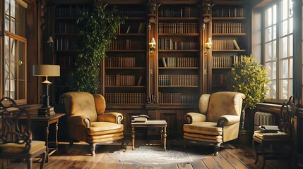Traditional library with built in bookshelves and cozy chairs