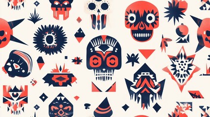 A vibrant pattern featuring various stylized skulls and geometric shapes in bold colors.