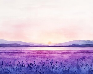 Fototapeta premium a minimalistic watercolor of a lavender field at dawn, soft purples and blues blending into the horizon with a subtle golden sunrise peeking through.