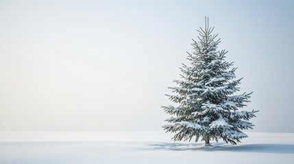 Fototapeta premium Snowy pine tree in serene winter landscape with ample space