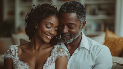 A joyful african american couple embracing in a cozy setting, exuding love and happiness. They share a tender moment, each smiling genuinely at each other.