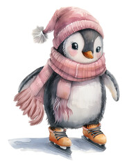 Cute Penguin on Ice Skates Clipart Illustration. Generative AI. 