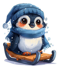 Cute Penguin on a sled Clipart Illustration. Generative AI. 