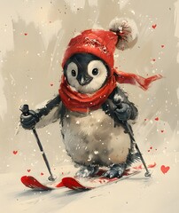 Cute Penguin on Ski Clipart Illustration. Generative AI. 