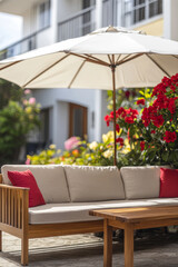 Obraz premium Cozy outdoor seating area with cushion and umbrella surrounded by vibrant flowers in the garden