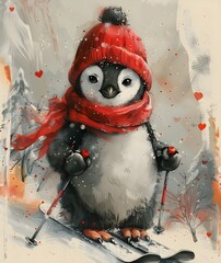 Cute Penguin on Ski Clipart Illustration. Generative AI. 