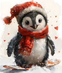 Cute Penguin on Snowboard Clipart Illustration. Generative AI. 