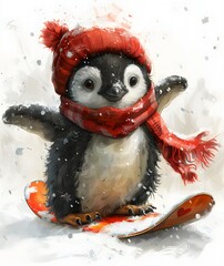 Cute Penguin on Snowboard Clipart Illustration. Generative AI. 