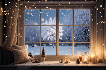 Inside the home living room, a large window makes you feel the cold winter, but it captures the warmth of Christmas