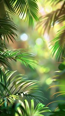 Fototapeta premium Palm tree leaves in tropical garden with sun light and bokeh