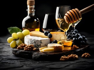 Cheese board with honey, grapes, walnuts, and wine on dark rustic background