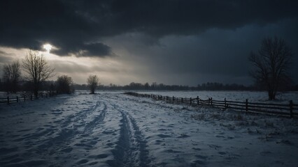 Dramatic winter landscape with snow-covered path and moody sky illuminated by sunlight