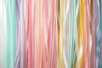 colorful and whimsical party backdrop with long, flowing ribbons in pastel colors like pink, blue,...