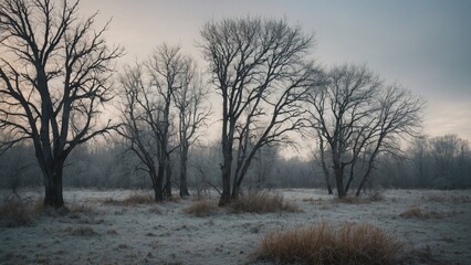 Fototapeta premium Tranquil winter landscape with leafless trees and frosty field under muted sky