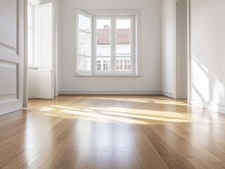 Fototapeta premium Bright, empty room with wooden flooring, large windows, and natural light in a quiet home