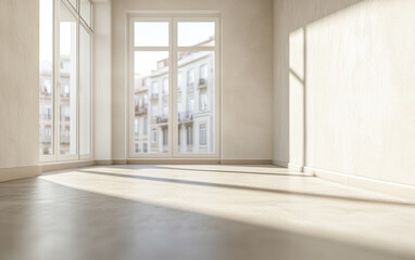 Obraz premium Bright, empty room with large windows and natural light casting shadows in a modern space