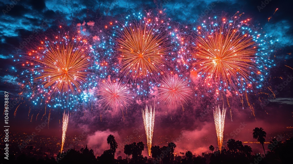 Poster vibrant fireworks display exploding in the night sky with colorful streaks against a dark cloudy bac