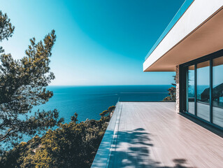 Obraz premium Modern coastal villa overlooking the ocean with clear blue skies and lush greenery