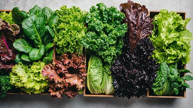 A variety of leafy greens are displayed in wooden boxes, ready for cooking or eating