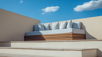 Charming outdoor seating with plush cushions beneath a clear blue sky in modern design