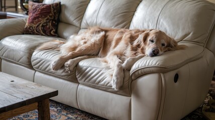 Obraz premium Golden retriever resting on leather sofa with eyes closed in serene home
