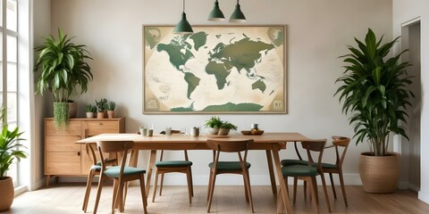 A large framed world map hanging on a wall above a wooden dining table with chairs . The map has a vintage look with shades of green.