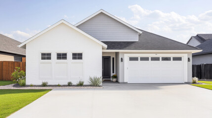 Modern suburban home with a welcoming facade and landscaped yard in bright daylight