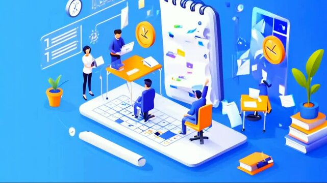 Isometric weekly schedule and calendar planner organization management. Online business workflow, time management, planning, task app, teamwork and meeting. HD ...