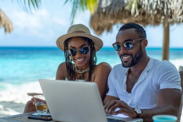 Fototapeta premium A couple reviewing vacation package options on their laptop showcasing affordable travel deals for a perfect getaway