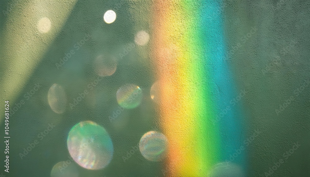 Poster soft green textured wall background with dreamy bokeh light flares and subtle sunlit shadows. perfec