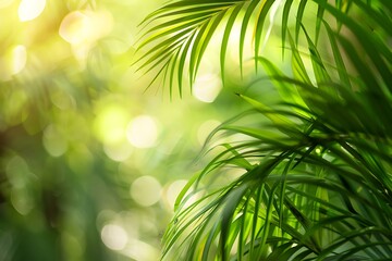 Obraz premium Palm tree leaves in tropical garden with sun light and bokeh