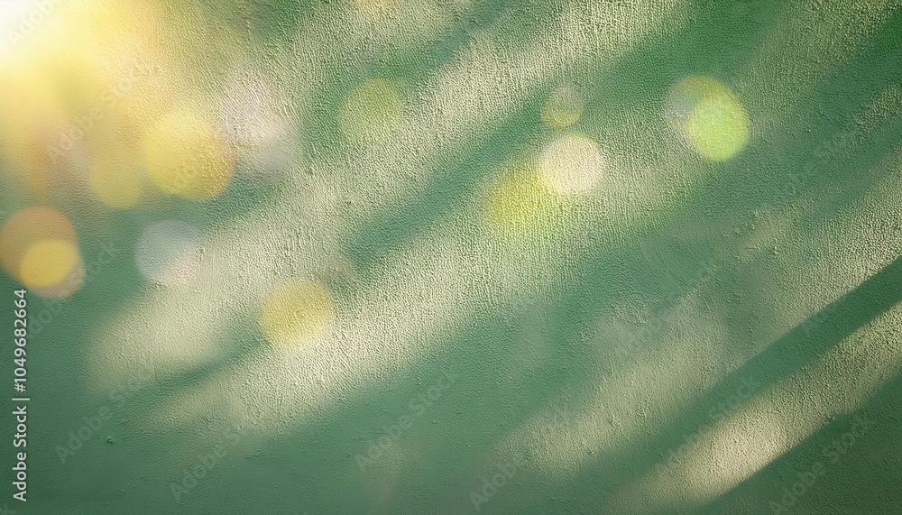 Poster soft green textured wall background with dreamy bokeh light flares and subtle sunlit shadows. perfec