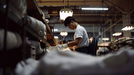 Young East Asian male worker inspecting fabric at a large textile factory, concentrated on quality control.