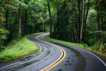 Obraz premium Asphalt road in the forest with foggy morning