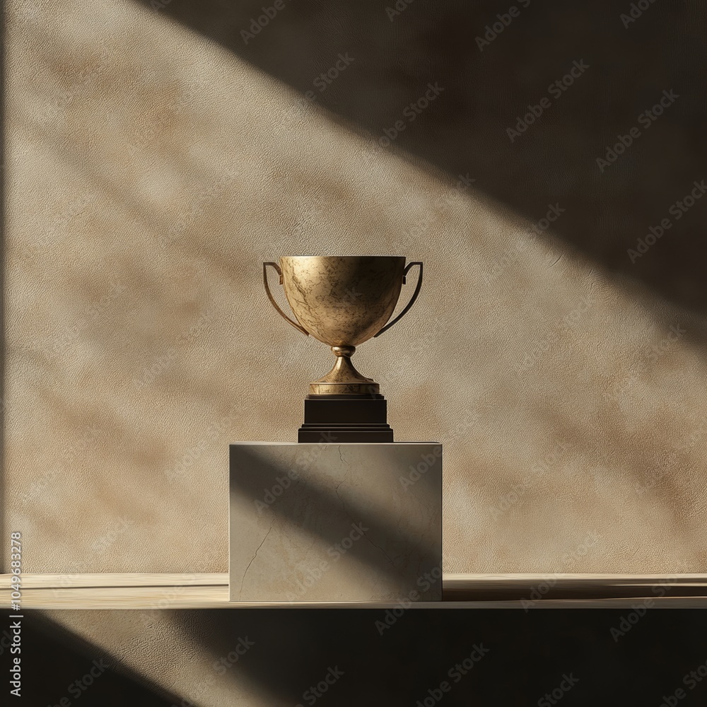 Poster a minimalistic trophy displayed on a clean platform, casting soft shadows against a textured wall, e