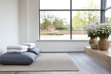 Fototapeta premium Cozy meditation corner with cushions and flowers in a bright, serene room during daytime