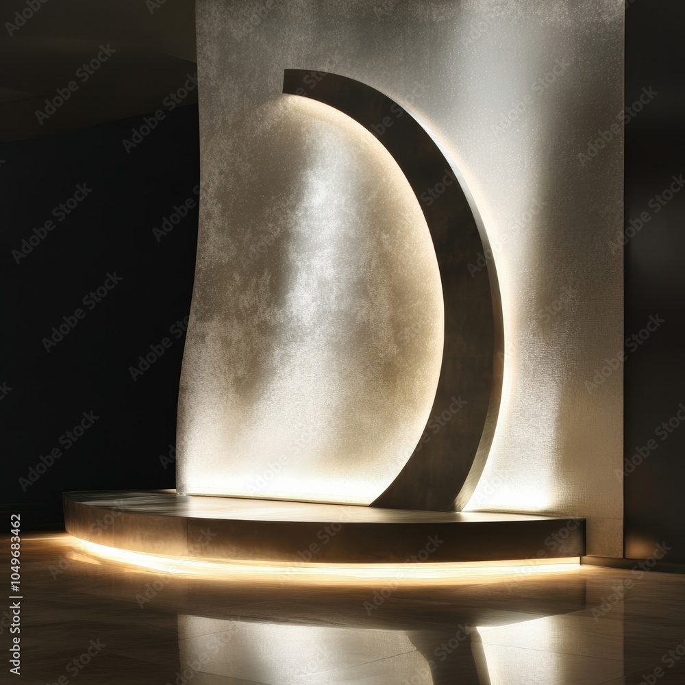 Poster a polished podium design with a curved structure, illuminated under soft lighting, creating an invit