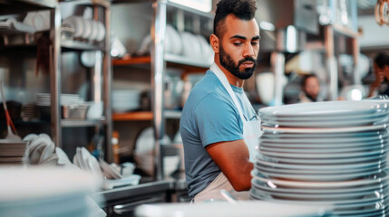 An African American male dishwasher in a commercial kitchen, organizing clean dishes on shelves, wearing a blue shirt.
