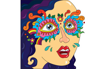 Blue hair girl in mask with flowers in 60s style on isolated background. Easy to edit. Plenty of space for text/copy.