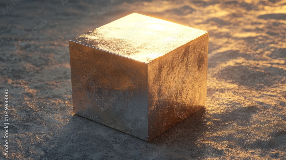 Aufkleber a simple yet striking three-dimensional box with a shiny texture, illuminated under soft daylight, p