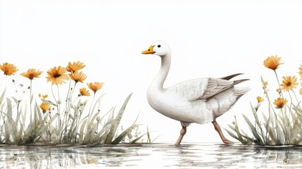 Fototapeta premium White Goose Walking on Water with Yellow Flowers Watercolor Illustration