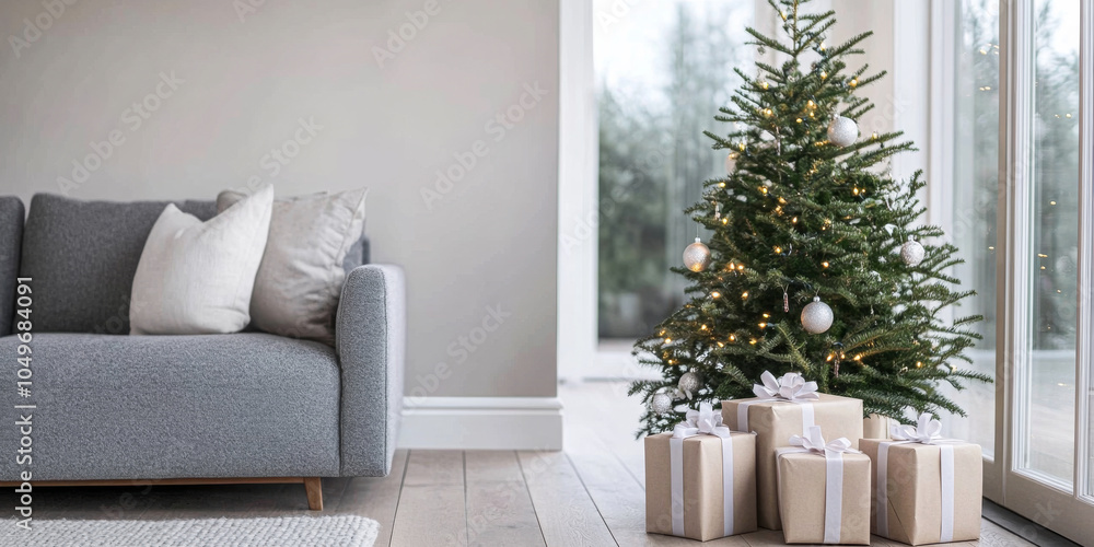 Wall mural cozy living room with a decorated christmas tree and wrapped presents on a winter afternoon