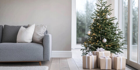 Cozy living room with a decorated Christmas tree and wrapped presents on a winter afternoon