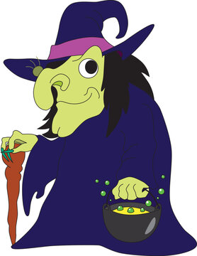 recommend clip art: cute cartoon old witch in 60s style with wart, crutch and cauldron with potion on white background, halloween, stock vector