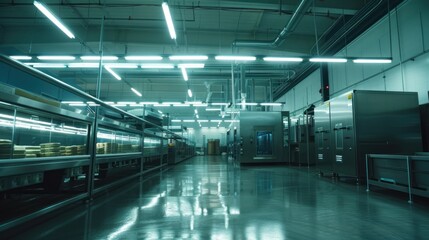 Fototapeta premium Industrial Kitchen Interior with Stainless Steel Equipment and Bright Fluorescent Lights